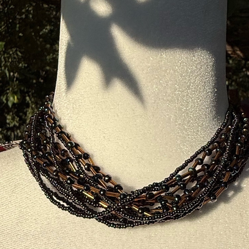 Handmade by Artist- Beaded Multi-Strand Necklace- Iridescent Purple and Bronze - Picture 3 of 4